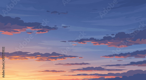 Foto Vibrant Sunset Sky with Wispy Clouds and Warm Hues.
