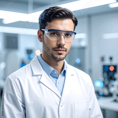 Young scientist in lab coat and safety goggles