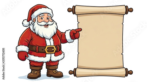 Cartoon santa claus pointing at a blank scroll