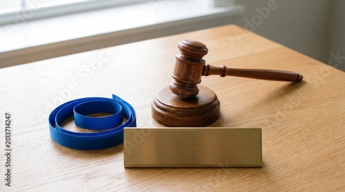 Wooden Gavel with Blue Ribbon and Blank Nameplate on Wooden Desk