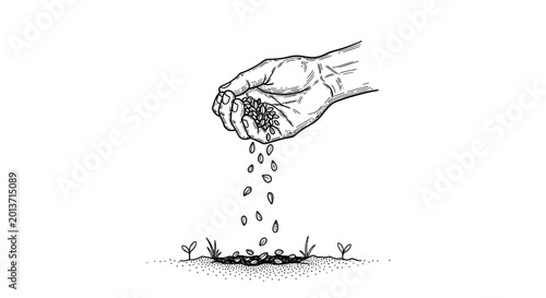 Photos Hand scattering seeds onto the ground near young sprouts, depicting sowing and regeneration in black and white line art isolated white background