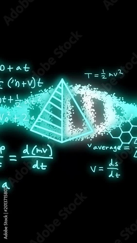 Vertical video: Particles entering left sparking cyan pyramid emerging rotating moving showing math