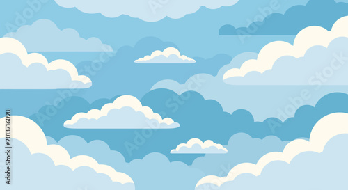 Foto Fluffy white clouds floating in a clear blue sky, serene and peaceful atmosphere