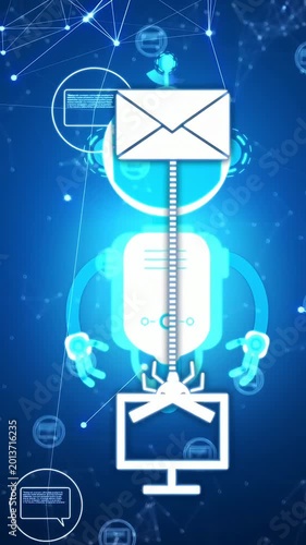 Vertical video: Mail falling cyan bot showing screen skull climbing cable shield protecting robot