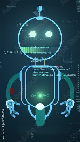 Vertical video: Binary streams starting, robot scanning mouth and pulsing chest to show code status