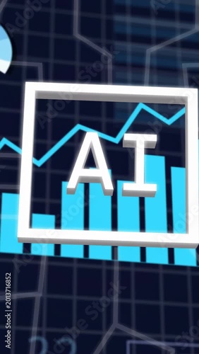 Vertical video: ANALYSING label starting, white framed AI sliding, rotating, visualizing trends