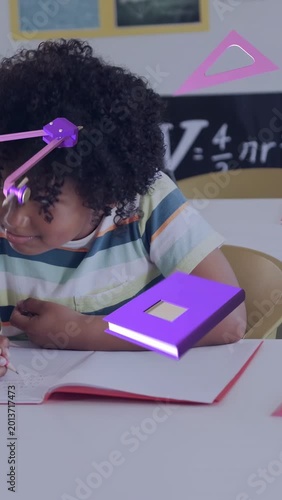 Vertical video: Pupil writing notes pencil moving causing purple book drifting visualizing math
