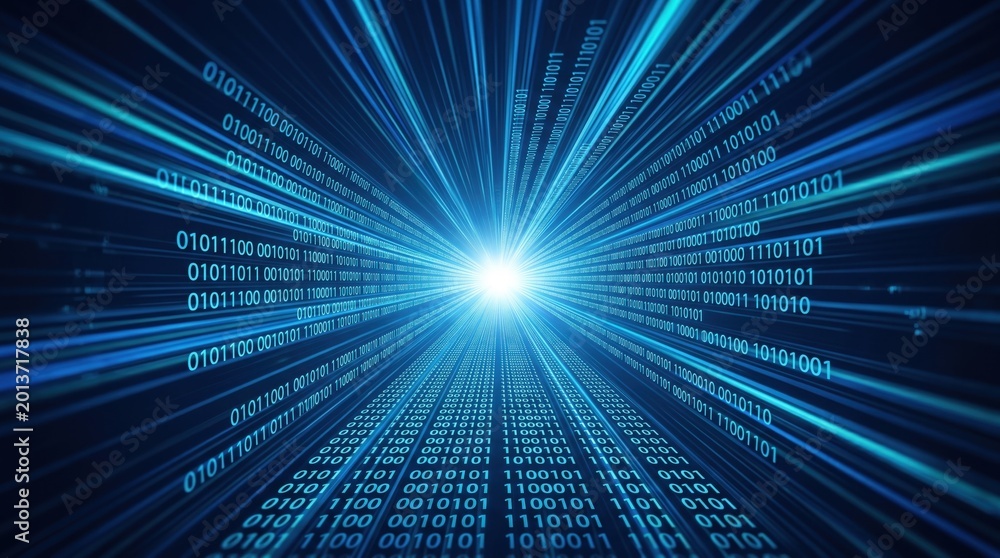 Fototapeta premium Abstract blue binary code tunnel representing big data flow, artificial intelligence network, cybersecurity concept, digital transformation, high speed internet connection,
