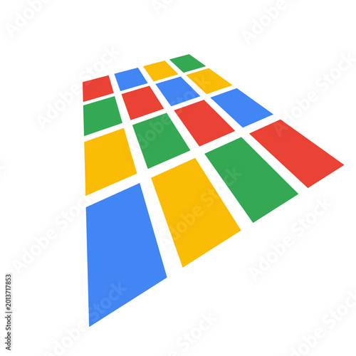 3D isometric perspective of a grid-like pattern featuring colorful rectangular tiles red blue yellow and green