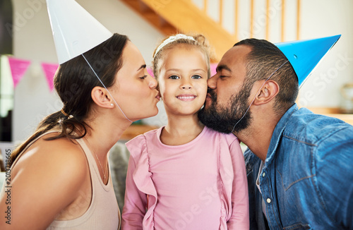 Photography Kiss, parents and child with portrait for birthday party, affection and celebration event for growth