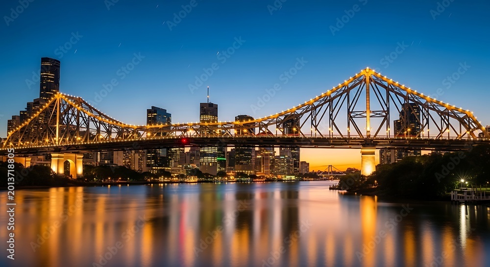 Fototapeta premium Illuminated bridge spans river reflecting city lights under twilight sky