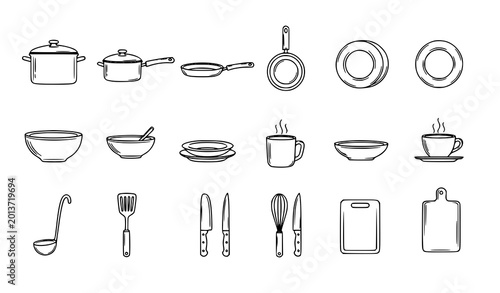 Billede på lærred Kitchen utensil outline icon vector set cookware doodle line art collection