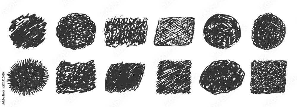 Naklejka premium Scribble sketch crayon texture, sketch. Expressive hand drawn inky crosshatch stains and blobs. Grunge box frame set, dripping drops, torn paper, graffiti elements. Pencil squiggles, scribbles