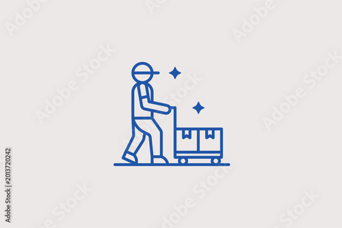 Photos Worker with hand truck line icon for manual freight movement and warehouse picking tasks