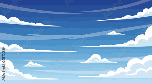 Photos Fluffy white clouds floating in a vast blue sky on a clear day.