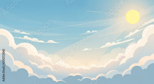 Принти на полотні Bright Sun and Fluffy Clouds in a Clear Blue Sky.