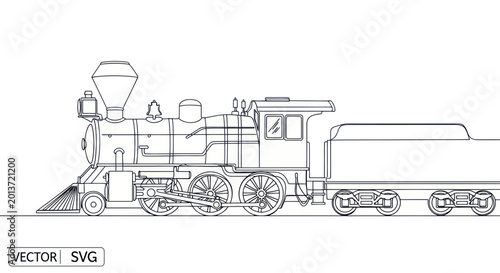 Schilderij op canvas Vintage Steam Locomotive and Train Car Outline Drawing