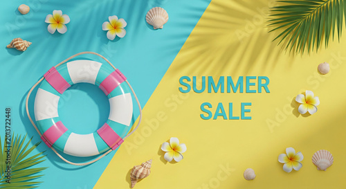 Colorful Lifebuoy and Summer Sale Text Arranged on Blue and Yellow Tropical Background