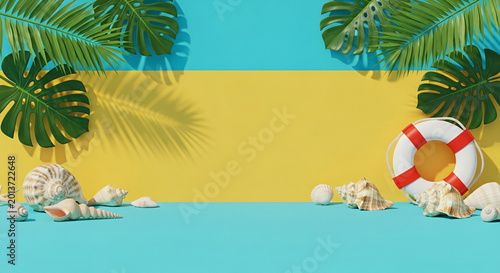 Colorful Tropical Beach Objects Arranged on Blue and Yellow Summer Background