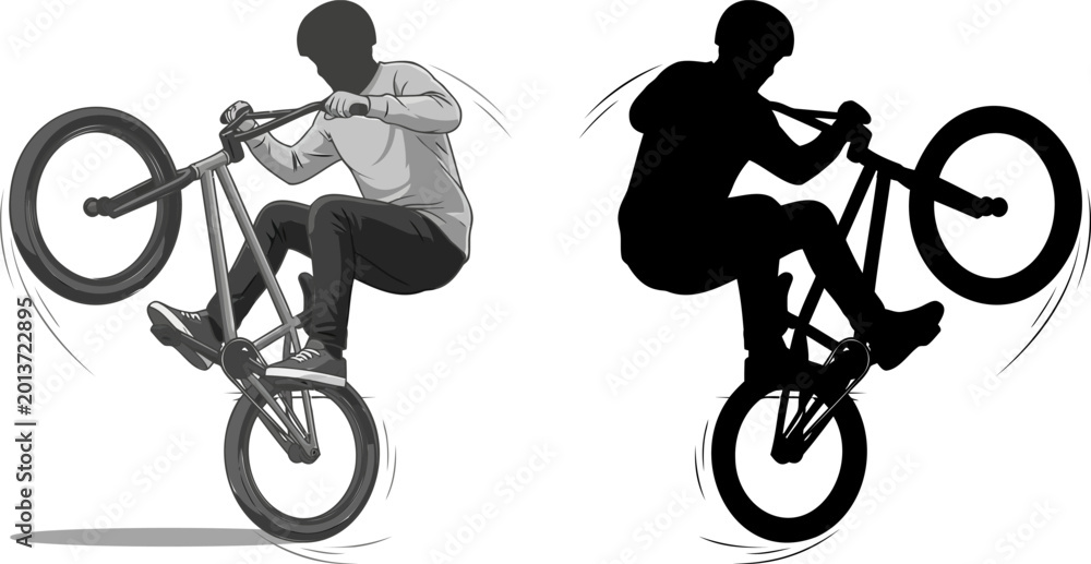 Fototapeta premium Extreme bmx wheelie stunt illustration showing detailed gray scale and solid black silhouette comparison.