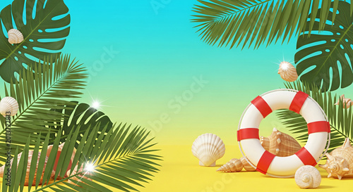 Tropical Palm Leaves Framing Lifebuoy and Seashells on Sunny Beach Background