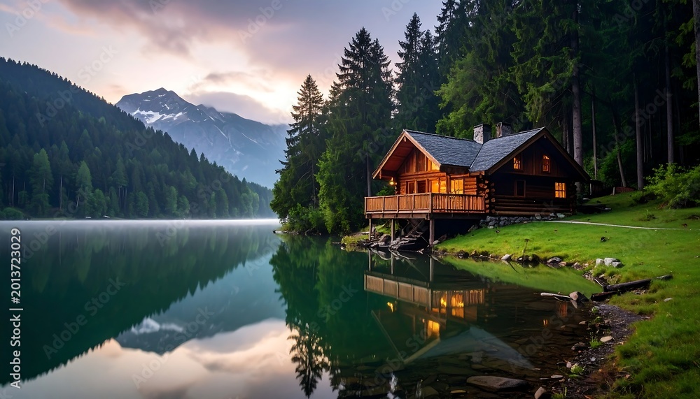 Fototapeta premium Serene mountain lake cabin at dusk, warm glow