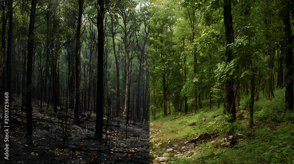 Fototapeta premium Forest path with burnt and green sides under sunlight