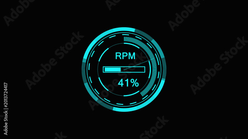 Fényképezés Cyan neon rpm gauge circular digital speedometer interface showing forty one per