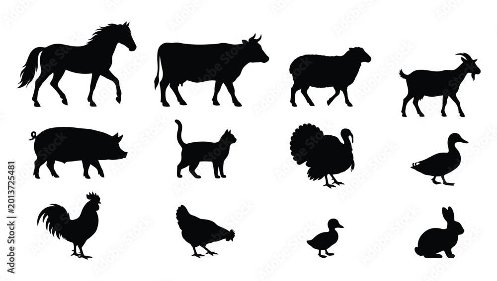 Obraz premium Farm animal silhouettes collection on a white background high quality