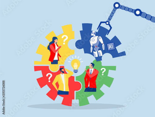 ai AI, Artificial Intelligence,robot new joiner to connect jigsaw puzzle,New joiner to fill in team and solve problem, teamwork to get solution, put right man in the right job to fit job