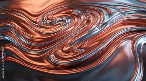 Abstract swirling metallic liquid background with copper and chrome