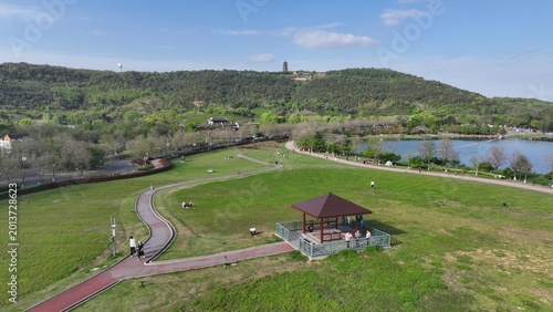 Aerial View of Green Park with Winding Path and Lakeside Pavilion