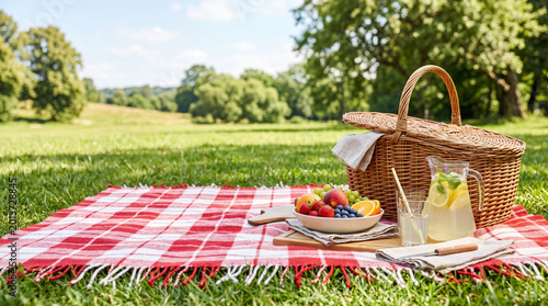 Summer picnic setup with basket and fruits on green grass