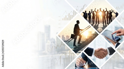 Business success, teamwork and growth concept collage featuring corporate team celebrating victory, professional climbing stairs with briefcase, handshake deal, digital analytics