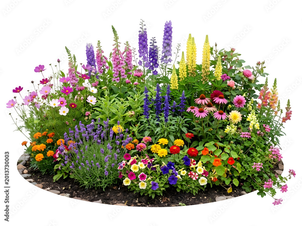 Naklejka premium Circular Island Flower Bed with Foxglove and Lupine Isolated on Transparent Background