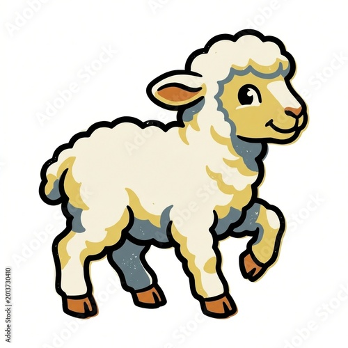Retro folk lamb clip art with cream wool, yellow blue shadow accents, lifted hoof, smiling profile, bold black outline, clean white background for playful farm animal illustration sticker art
