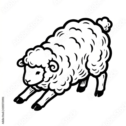 Black and white lamb clip art leaping forward with fluffy wool curls, simple face, bold ink outline, clean white background, coloring page style farm animal illustration for kids activity art