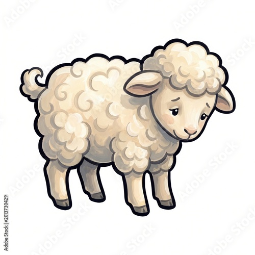 Painterly woolly lamb clip art with rounded cream curls, gentle shy expression, soft brush texture, bold dark outline, clean white background for cozy nursery animal illustration print design