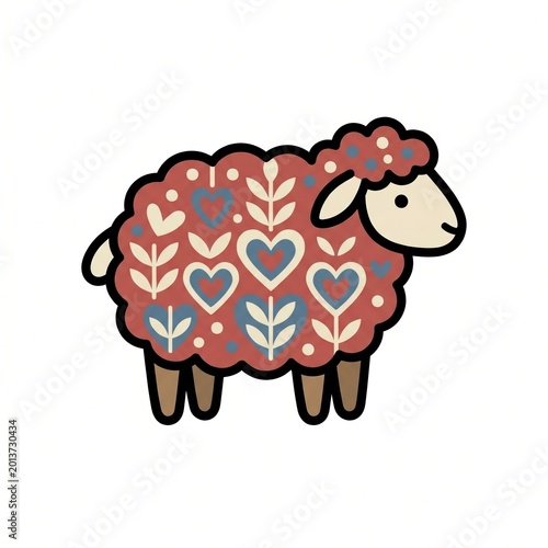 Decorative folk lamb clip art with red floral heart patterned fleece, cream face, bold black outline, simple white background, cute nursery sheep illustration for textile style design art print