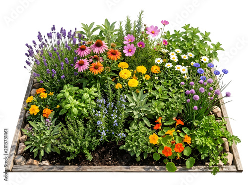 Square Raised Garden Bed with Herbs and Flowers Isolated on Transparent Background