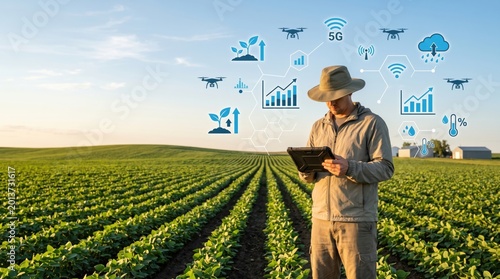 Modern farmer using tablet with digital interface in soybean field, smart agriculture technology concept, drone monitoring crop growth and soil data analysis for sustainable