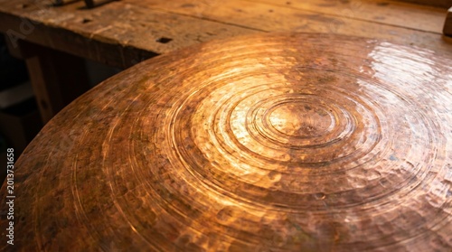 Handcrafted Hammered Copper Disc Plate on Rustic Wood Workbench