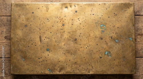 Quadro su tela Aged Brass Metal Plate Texture Background on Old Wooden Table