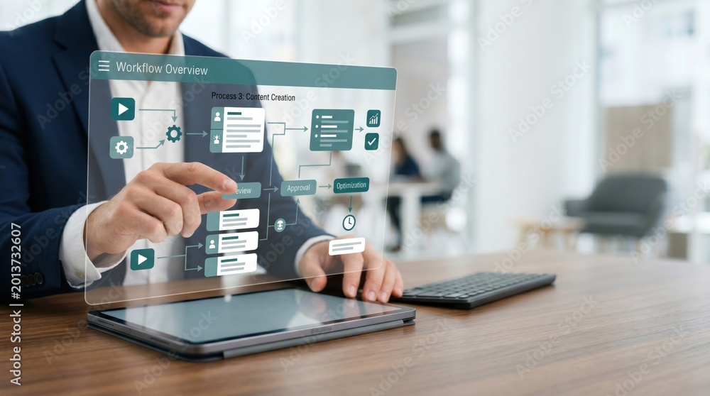 Fototapeta premium Manager reviewing workflow overview on tablet, business process optimization chart with flow diagram, project management strategy and team collaboration planning for efficient