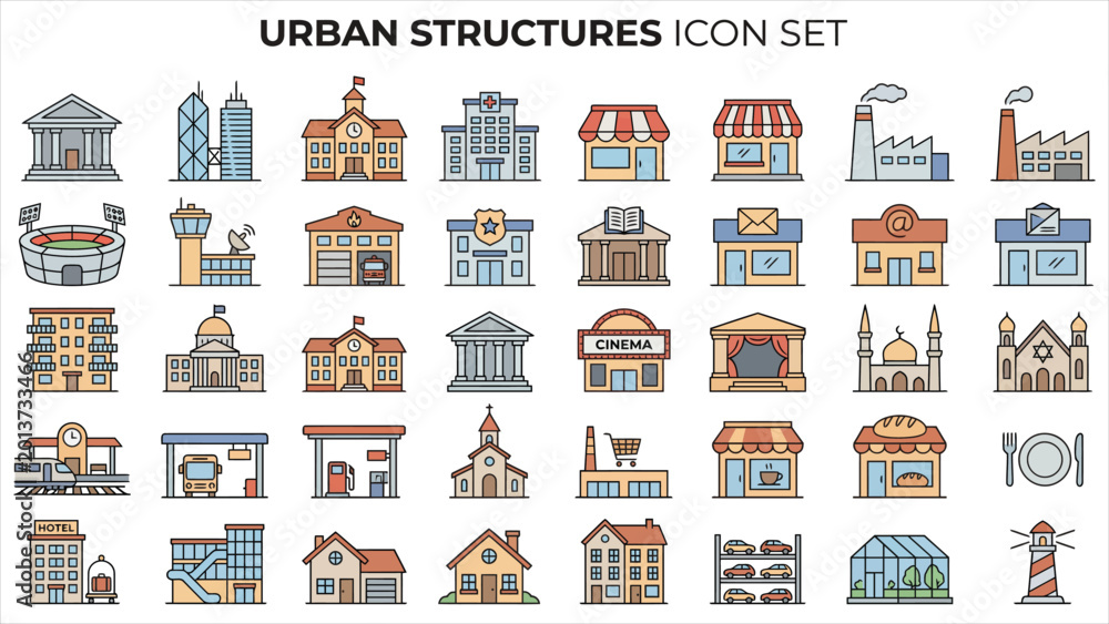 Fototapeta premium Comprehensive Collection of Illustrated Urban Structures and Diverse Architectural Building Icons in a Flat Line Art Style