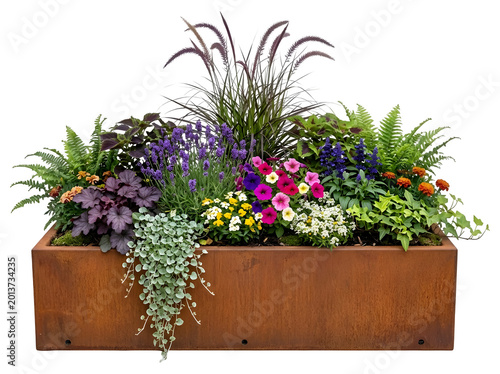 Modern Corten Steel Planter with Purple Salvia and Grasses