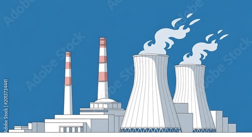 Industrial power plant with cooling towers emitting steam against a blue sky