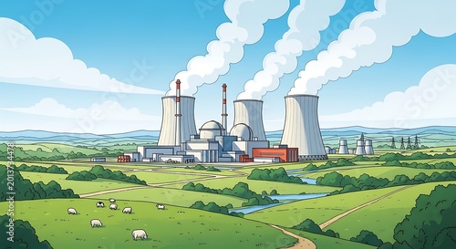 Industrial power plant with cooling towers emitting steam against a rural landscape