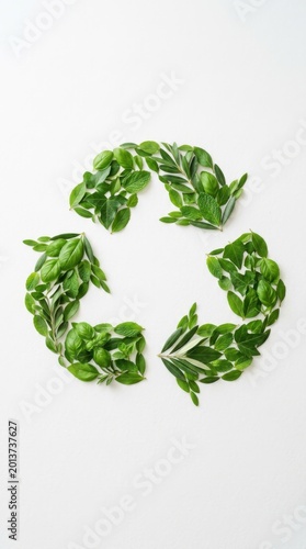 Circular recycling symbol formed by fresh green leaves. World Environment Day sustainability concept.
