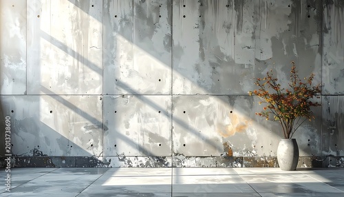 Minimalist interior with vase and sunlight.